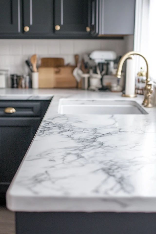 a kitchen with marble counter tops and black cabinets, gold pulls on the faucet