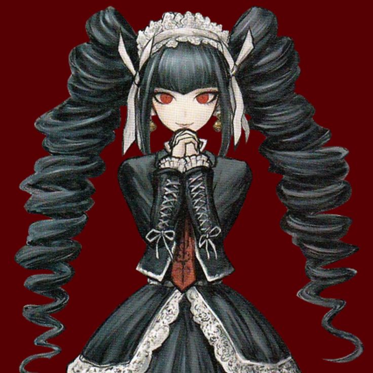 an anime character with long black hair and red eyes, dressed in white laces