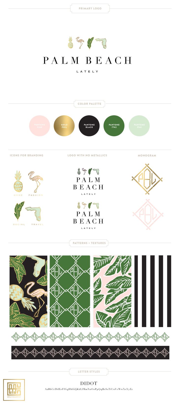 the palm beach logo is shown in gold, green and black colors on white paper