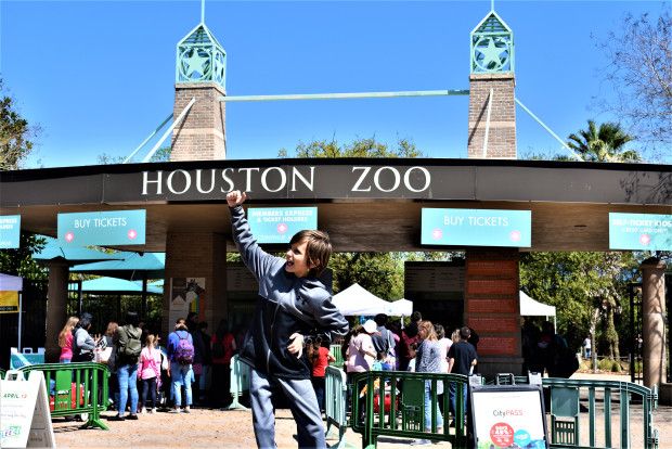 a young boy is standing in front of the houston zoo entrance with his arms up