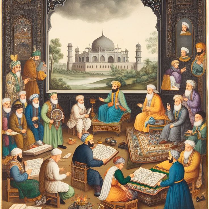 an old painting of people sitting in front of a large screen with writing on it