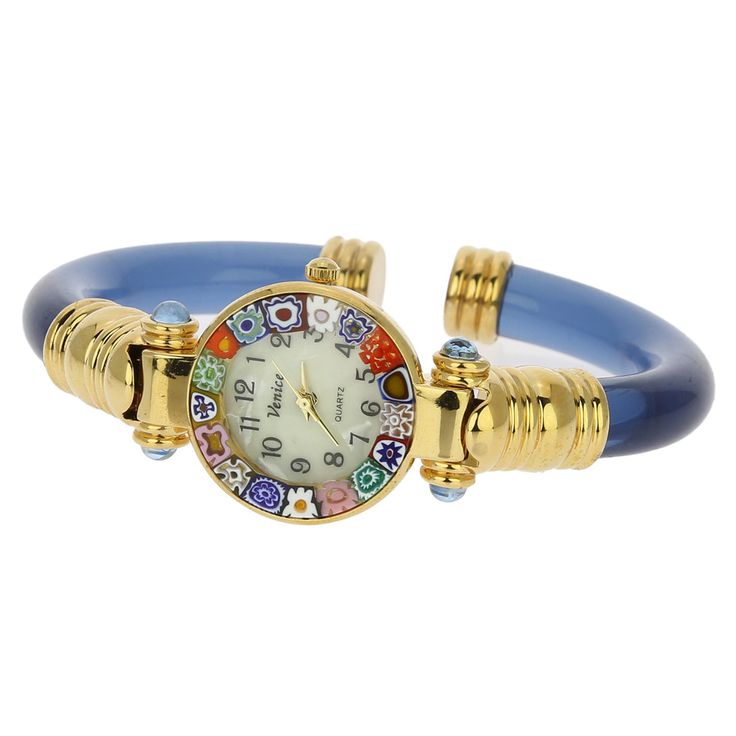 Murano Millefiori Bangle Watch - Light Blue Funky Watches For Women, Elegant Blue Watch Accessories For Gift, Elegant Blue Watch Accessories As Gift, Elegant Blue Watch With Bracelet Strap, Elegant Blue Watches For Gifts, Skeleton Dial Jewelry Gift With Round Dial, Gift Jewelry With Skeleton Dial, Watches With Bracelet Strap And Round Dial, Watch With Bracelet Strap And Round Dial