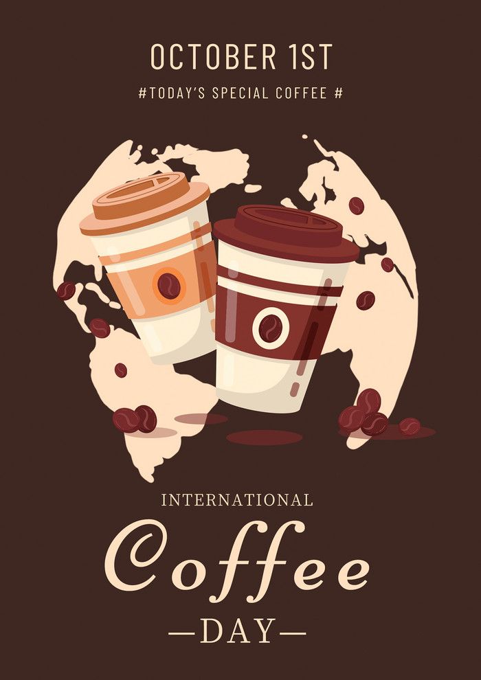 two cups of coffee with the words international coffee day written on them, in front of a world map