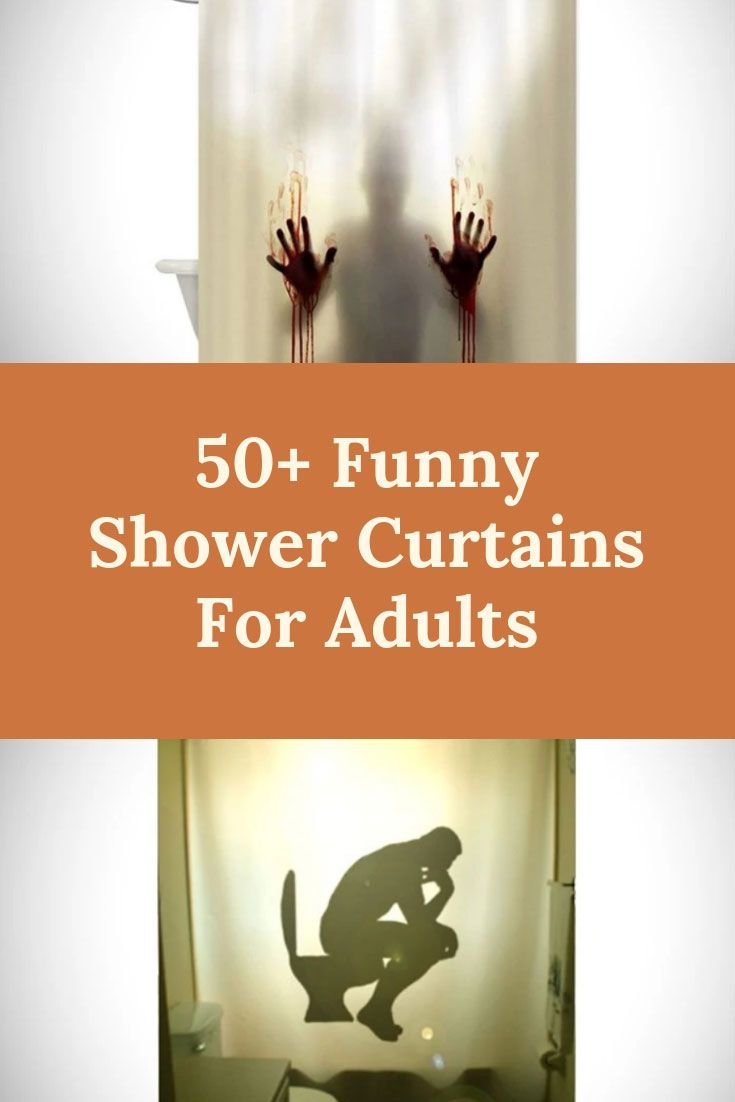 the shadow of a person on a toilet in front of a shower curtain with text overlay that reads 50 funny shower curtains for adults