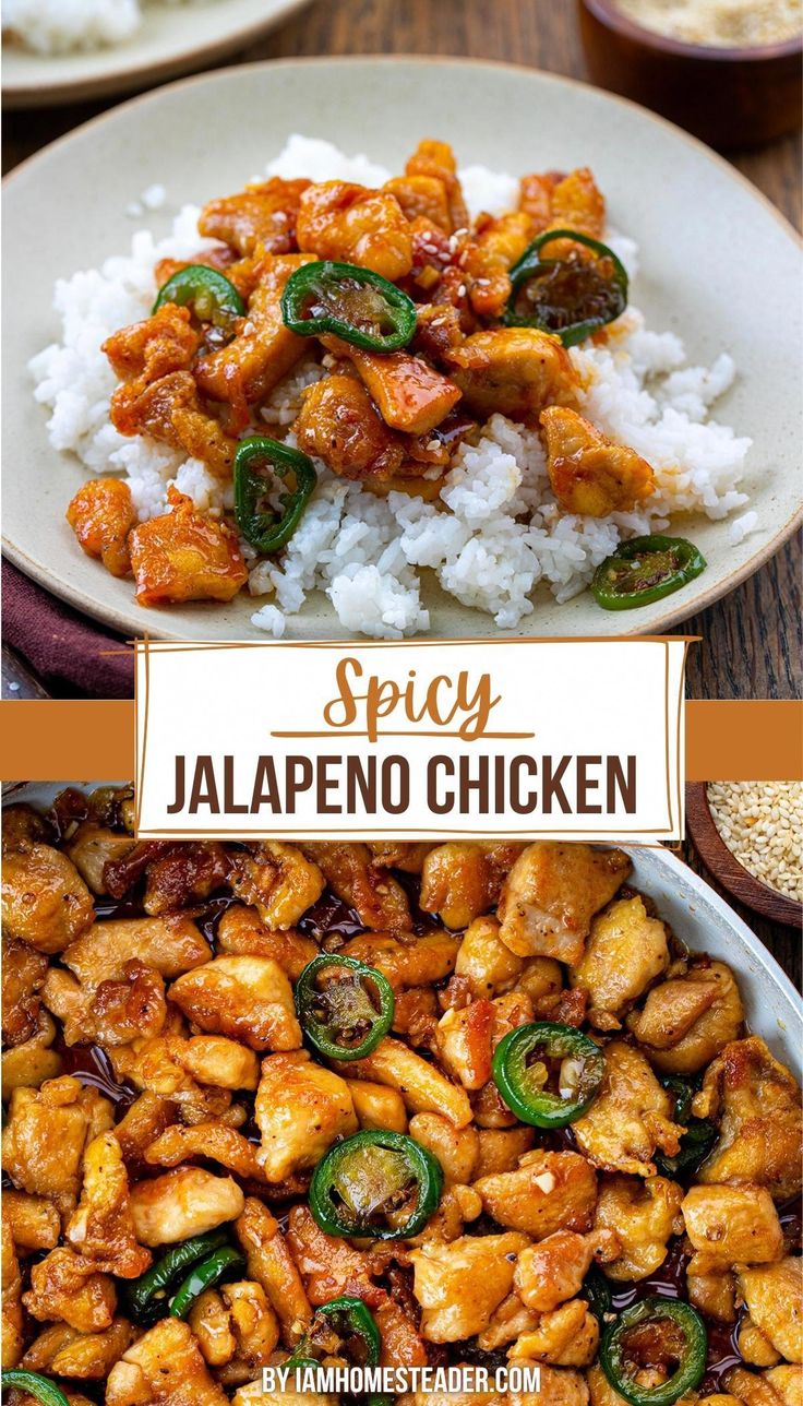 two plates with chicken, rice and peppers on them next to the words spicy jalapeno chicken