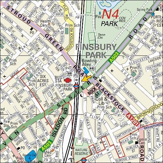 an image of a map that shows the location of finsbury park