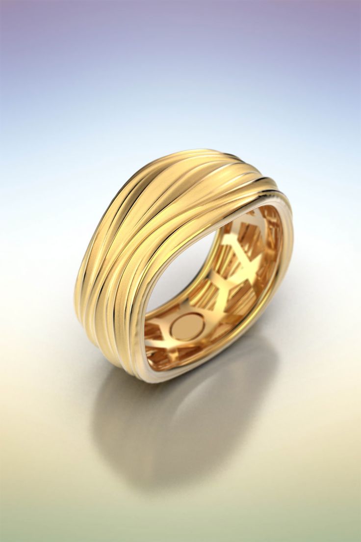 Large gold band ring in 18k / 14k made in Italy, real gold ring for women. Italian gold fine jewelry, stunning gold band, wave texture ring A beautifully well-crafted gold ring. A solid gold ring with a combination of raw and polished finishes. ❥ Details Band measurements: approx. 9,5 mm wide , 2,3 mm thick Material: 14k solid gold , 18 solid gold Color: white gold, yellow gold and rose gold Sizes available: choose your size from the drop down menu ★ ★ ★ ★ ★ ★ ★ ★ ★ https://www.etsy.com/shop/Olt Yellow Gold Wavy Jewelry With Polished Finish, Elegant Yellow Gold Wavy Rings, Wavy Yellow Gold Jewelry For Formal Occasions, Formal Yellow Gold Wavy Jewelry, Gold Wavy Rings For Anniversary, Elegant Yellow Gold Wide Band Ring With Decorative Band, Yellow Gold Wavy Ring For Anniversary, Elegant Gold Wavy Rings, Anniversary Yellow Gold Wavy Rings