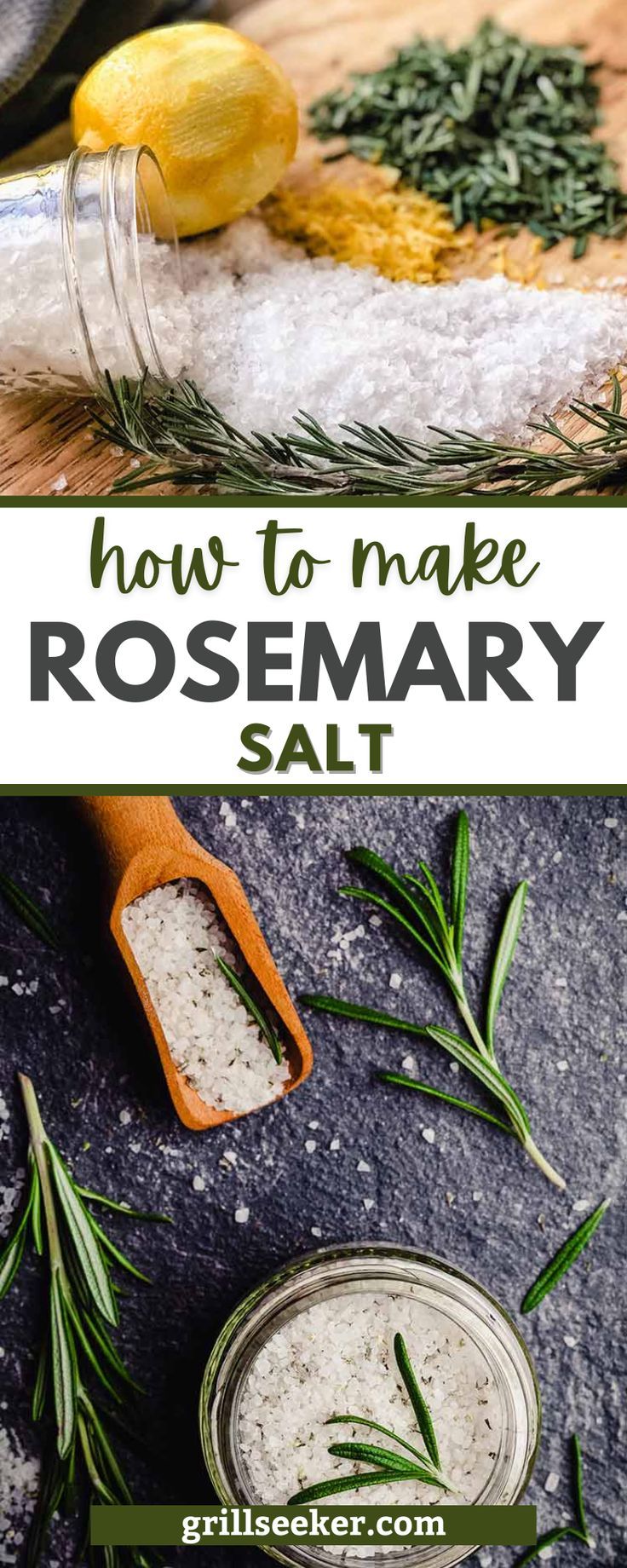 rosemary salt in a glass jar with lemons on the side