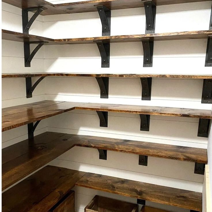 The Cortland Pantry Shelf Support Brackets/Corbels 5 Depth x 5 Wall Mount Length Finish Raw - Uncoated Metal | Industrial Farm Co Commercial Shelving, Picture Ledges, Pantry Layout, Plan Garage, Kitchen Shelving, Shelf Cover, Farmhouse Pantry, Pantry Shelves, Pantry Remodel