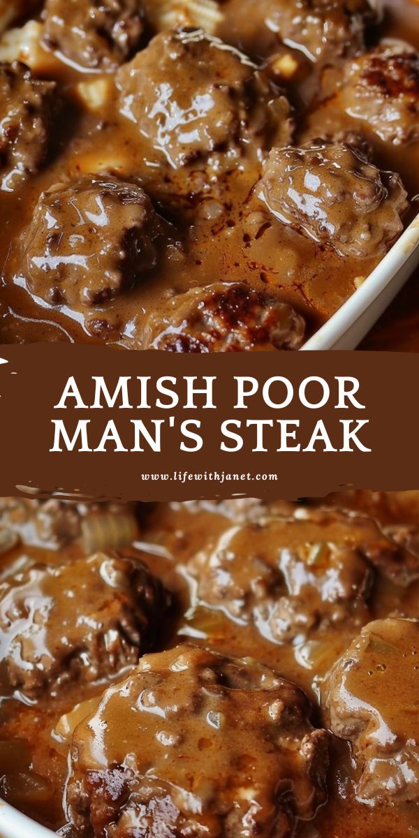 a close up of meatballs covered in gravy with the words amish poor man's steak