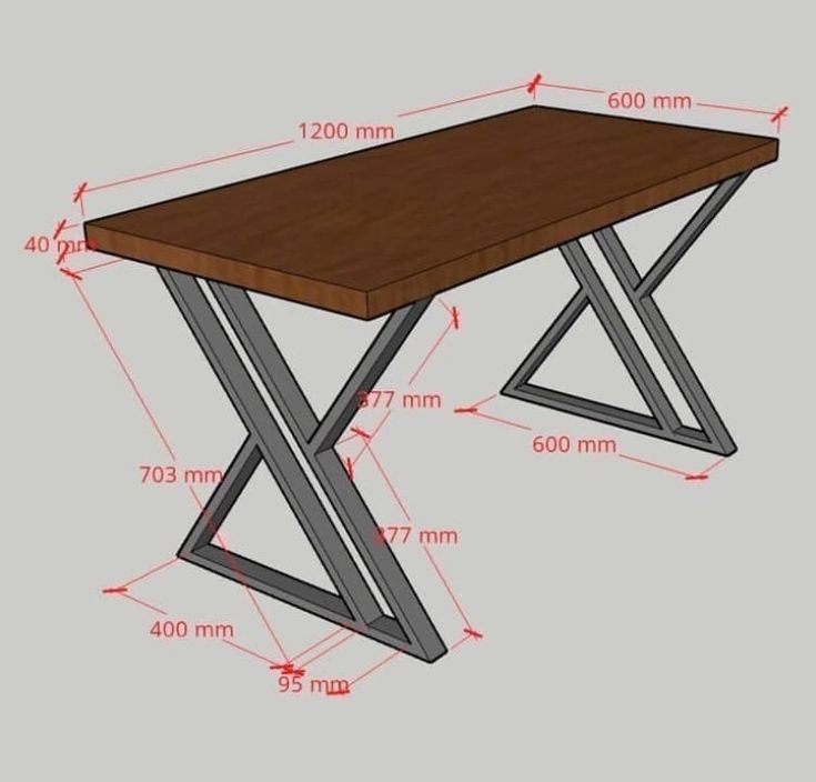 a wooden table with metal legs and measurements