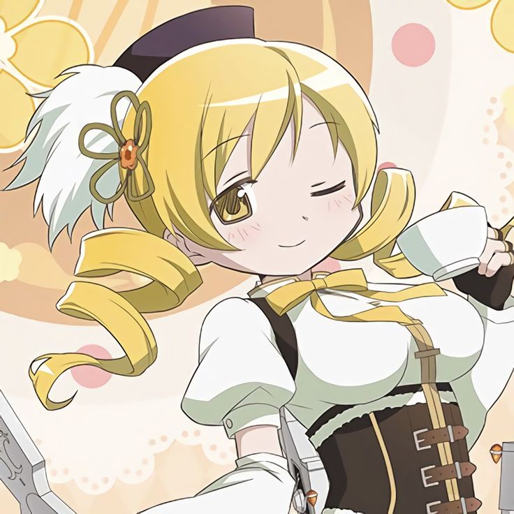 an anime character with blonde hair holding a coffee cup