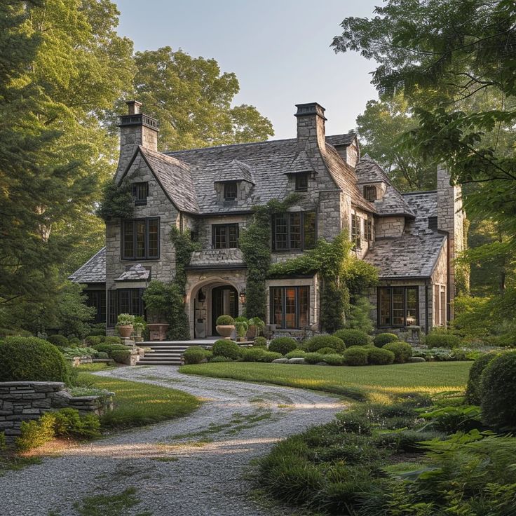 a large stone house surrounded by trees and bushes