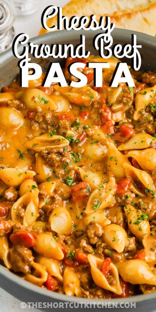 cheesy ground beef pasta in a skillet