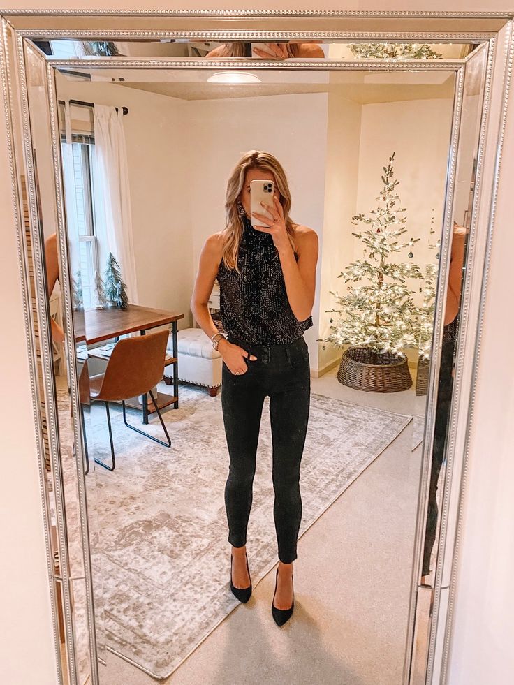 Halter Top And Jeans Outfit, Black Jeans Holiday Outfit, Black Sparkle Top Outfit, Nye Outfits Jeans, Sequin Halter Top Outfit, New Years Outfit Jeans, Black Sequin Shirt Outfit, Piano Bar Outfit, Nye At Home Outfit