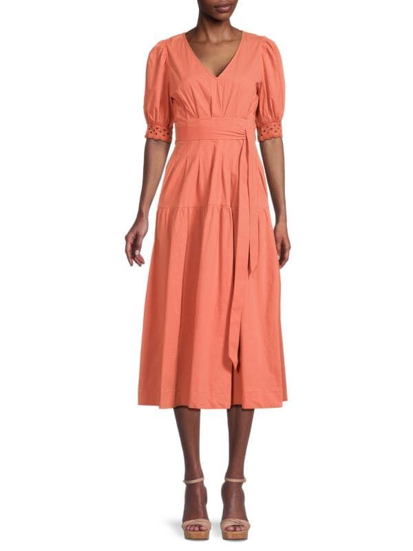 En Saison Deja Puff Sleeve Midi Dress on SALE | Saks OFF 5TH Belted Midi Dress With V-neck, Solid Color Belted V-neck Midi Dress, Fitted Belted Maxi Dress For Brunch, Fitted Belted Maxi Dress For Spring, Spring V-neck Belted Work Dress, Fitted Knee-length Belted V-neck Dress, Belted V-neck Maxi Dress For Work, Belted Fitted Midi Dress, Midi Length Dress With Tie Waist For Brunch