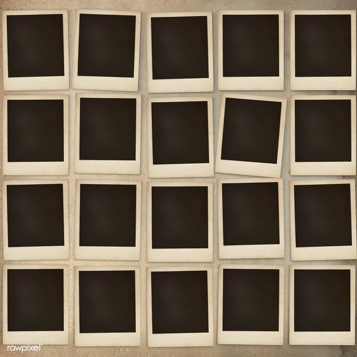 several black and white polaroid photos arranged in squares on a wall with the same color