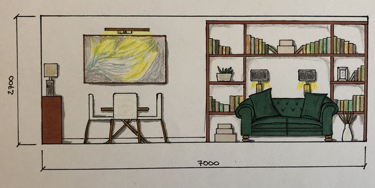 a drawing of a living room with bookshelves