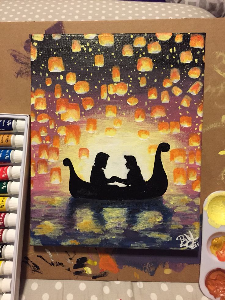 a painting of two people in a boat with lanterns floating on the water at night