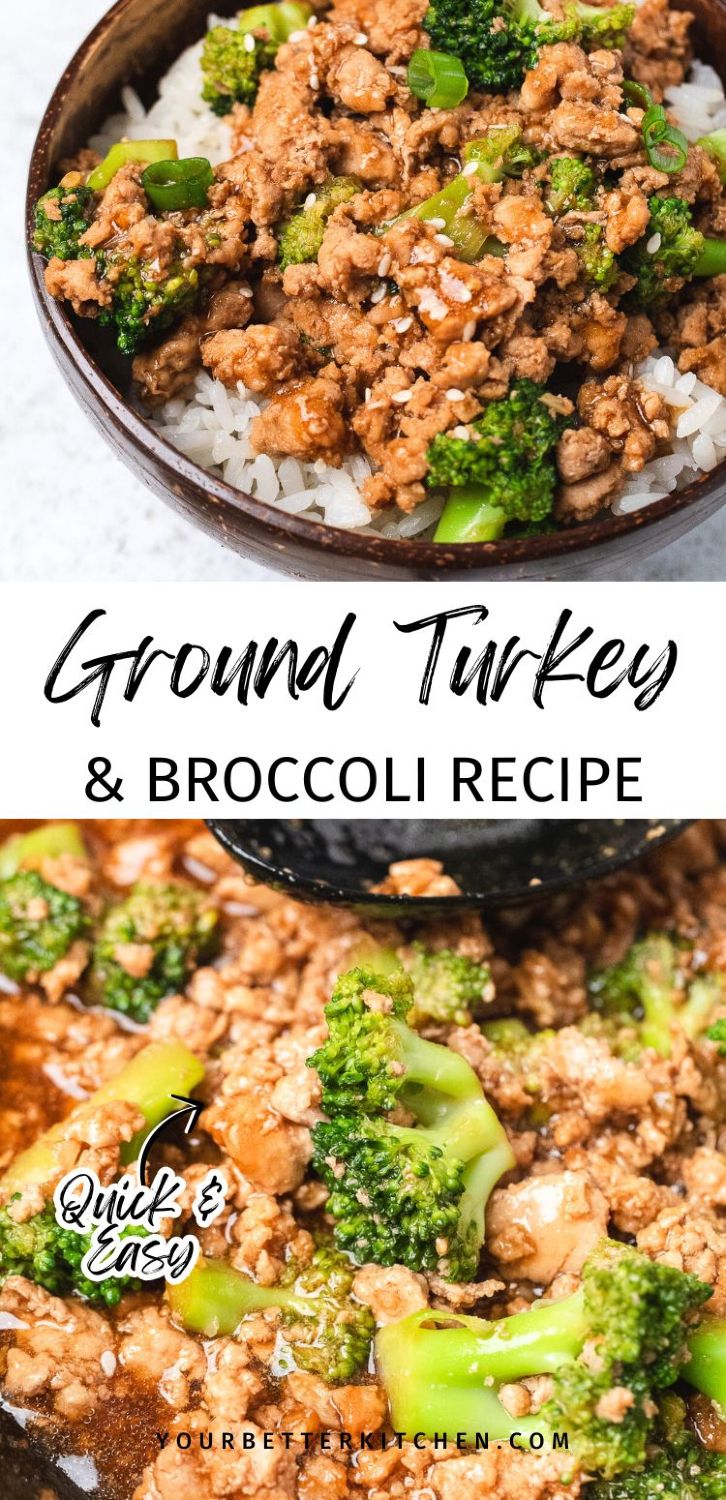 ground turkey and broccoli recipe in a bowl with rice on the side, and an image of chicken and broccoli