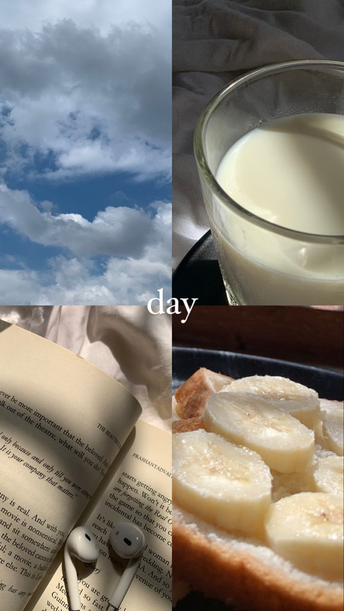 an open book next to a glass of milk and banana slices