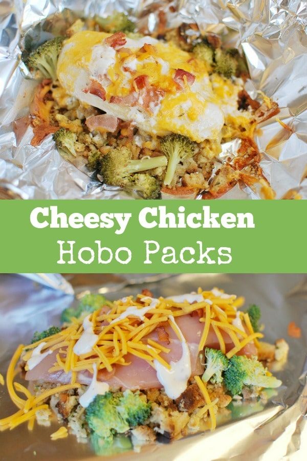 cheesy chicken hobo packs with broccoli, cheese and other toppings