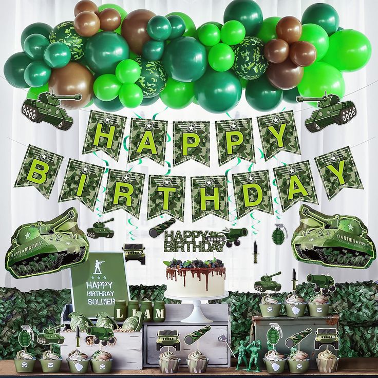 an army themed birthday party with balloons, streamers and decorations for a tank theme