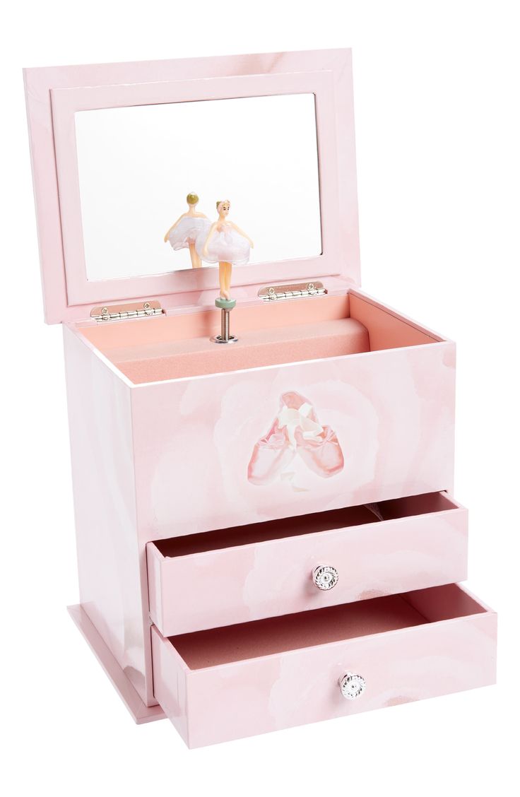 a pink ballerina jewelry box with two drawers