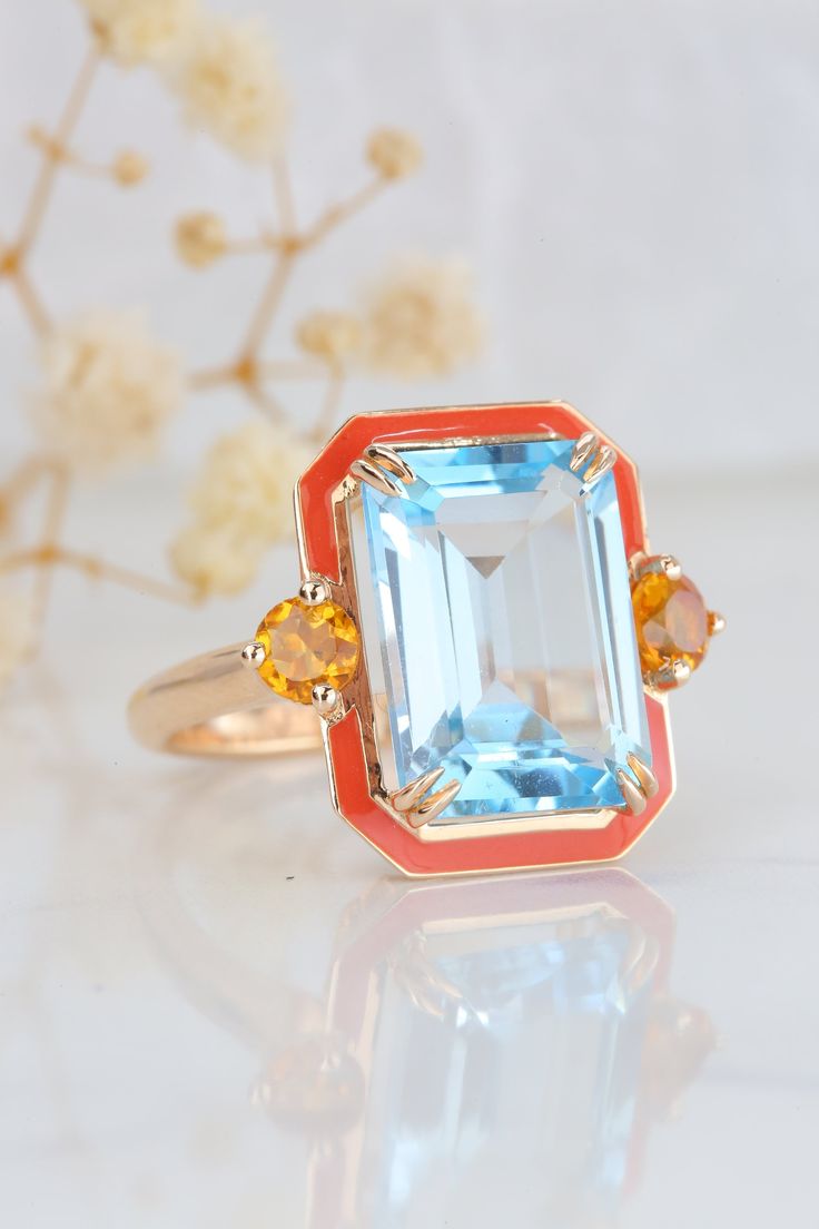 Art Deco Rings, Topas Ring, Sky Blue Topaz Ring, Gold Skies, The Bling Ring, Ringe Gold, Citrine Ring, Enamel Ring, Art Deco Ring