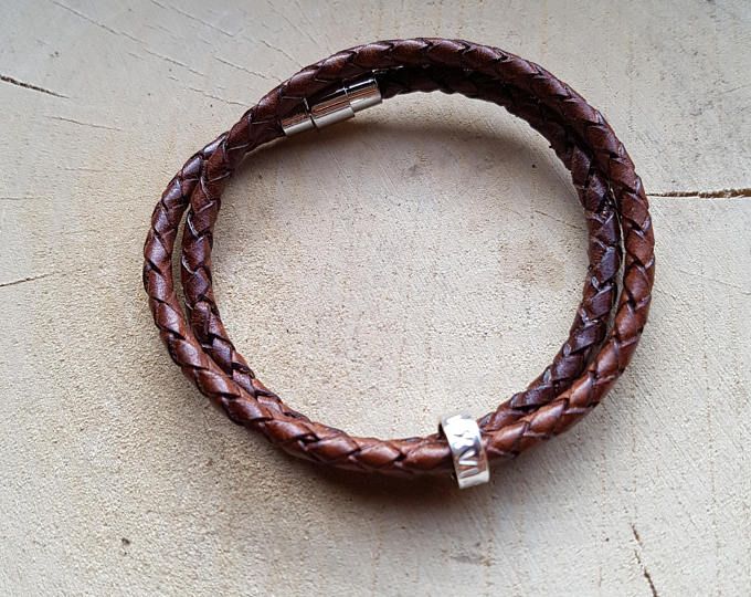 Wrap Bracelet Double Wrap Leather Personalized Leather Boyfriend Gift Girlfriend Gift Nickel Free Brown Wrap Bracelet As Gift, Nickel Free Brown Wrap Bracelet For Gift, Double Band Brown Jewelry For Gift, Engraved Brown Jewelry As Gift, Everyday Adjustable Charm Bracelet With Sterling Silver Clasp, Hand Stamped Brown Jewelry As A Gift, Adjustable Brown Leather Bracelet With Wrist Strap, Rustic Adjustable Leather Bracelet For Everyday, Brown Engraved Jewelry For Friendship