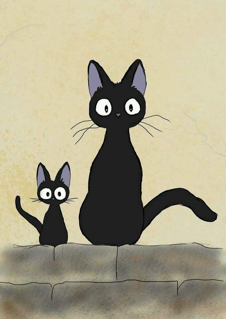 two black cats sitting next to each other on top of a stone wall and looking at the camera