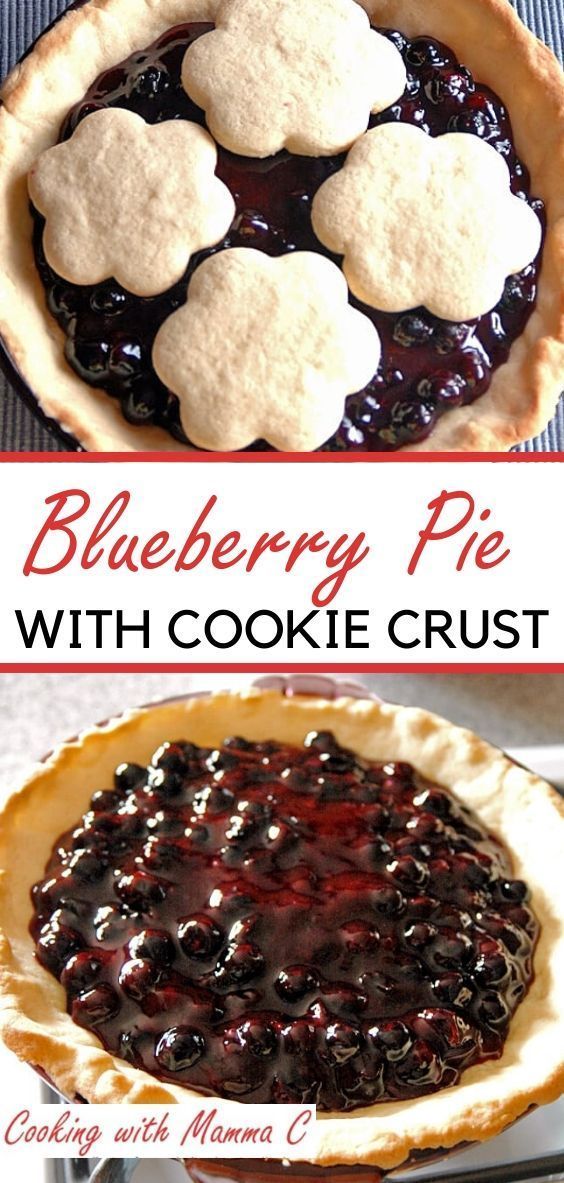 blueberry pie with cookie crust is shown in two different pictures and has the same topping on top