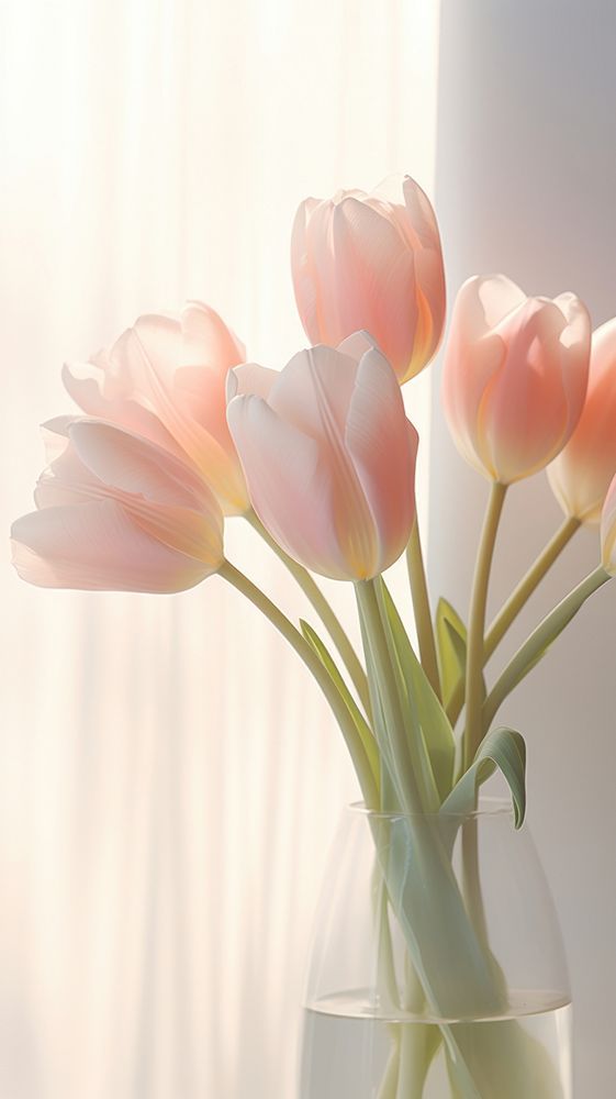 some pink tulips in a clear vase on a window sill with white curtains