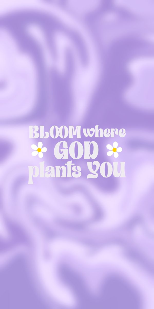 the words bloom where god plans you are written in white on a purple background with swirls