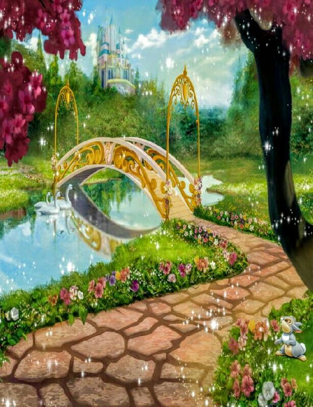 a painting of a frog on a bridge over a pond with flowers in the foreground and a castle in the background