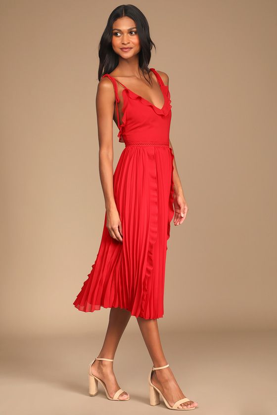 Pleated Dress Midi, Never A Dull Moment, Red Summer Dresses, Fall Wedding Guest Dress, Chiffon Midi Dress, Ruffled Neckline, Red Tie, Darling Dress, Pleated Midi Dress