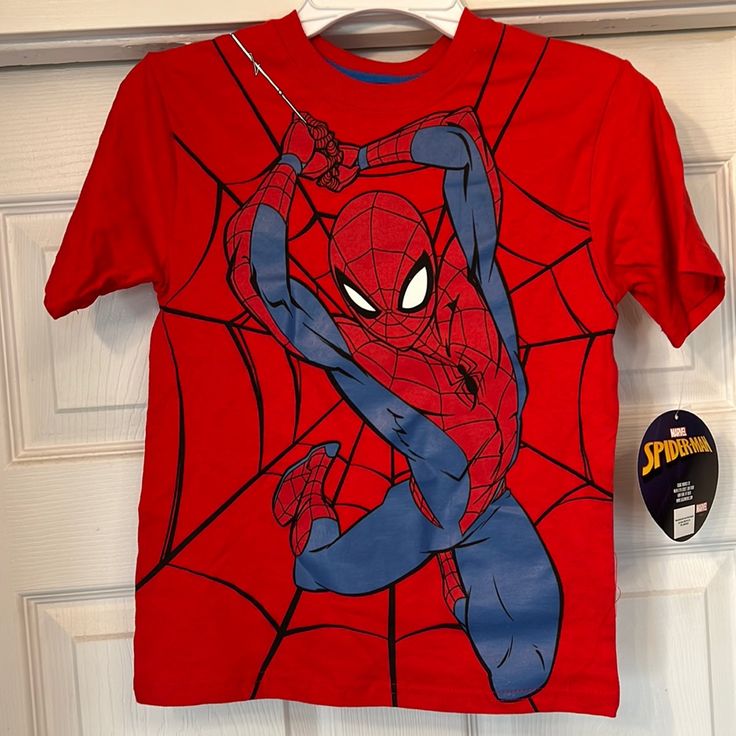 Marvel Spider-Man Boys T-Shirt. Size 5/7. Nwt. Red Crew Neck T-shirt With Cartoon Print, Red Cartoon Print Crew Neck T-shirt, Red Cotton T-shirt With Cartoon Print, Red Cartoon Print Graphic Tee, Red Graphic Tee With Cartoon Print, Fun Red Top With Cartoon Print, Red Cotton Top With Cartoon Print, Red Crew Neck T-shirt With Character Print, Red Crew Neck Shirt With Cartoon Print