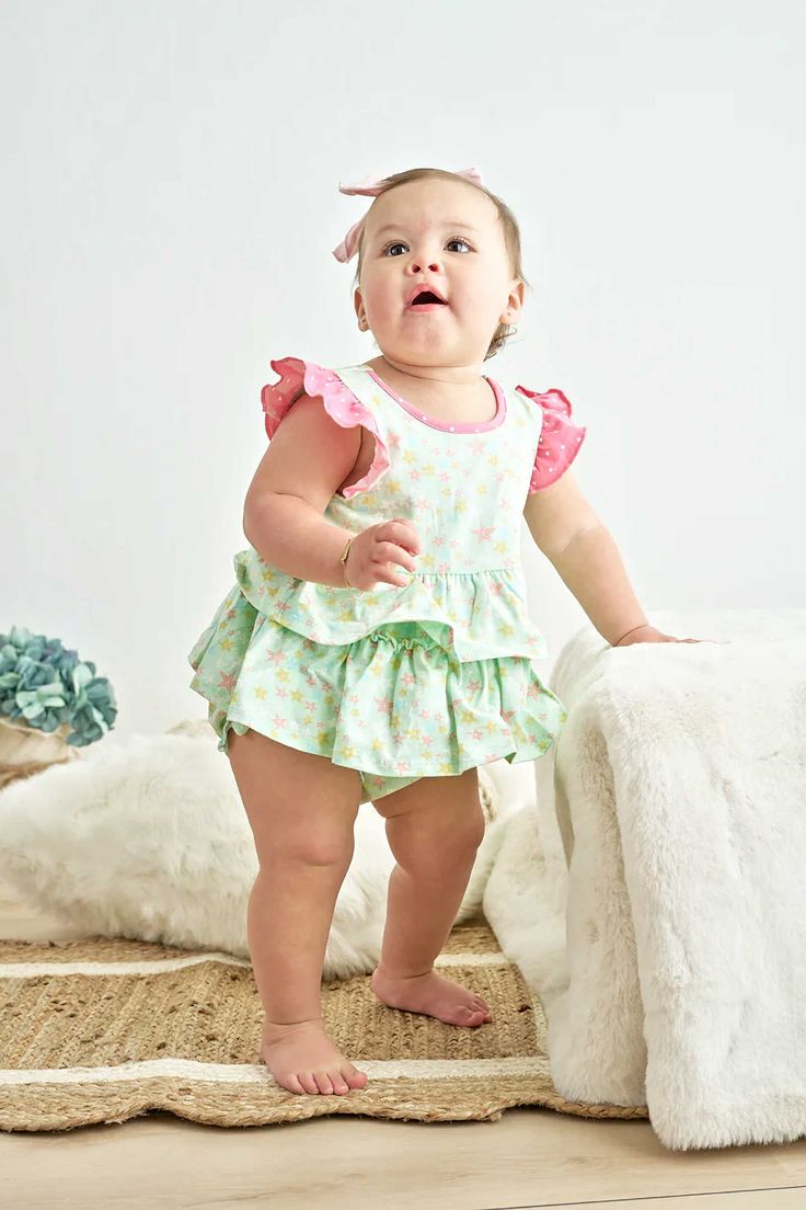 DESCRIPTION This Bella's Star Print Ruffle Girl Bubble will make your little one the center of attention! With its stunning star print and charming ruffle details, this outfit is sure to delight any young fashion enthusiast. Give your child a chance to stand out and look fabulous in this one-of-a-kind outfit. Blending cotton with spandex in baby garments can offer several benefits: Stretch and Flexibility: Spandex, also known as elastane, is a highly elastic fiber. When blended with cotton, it i Cute Ruffled Sets For Playtime, Cute Sets With Ruffle Hem For Summer, Cute Ruffle Hem Summer Sets, Cute Summer Sets With Ruffle Hem, Cute Cotton Bubble Romper With Flutter Sleeves, Cute Ruffled Sets For Playwear, Cute Ruffled Playwear Sets, Playful Cotton Bubble Romper With Flutter Sleeves, Cute Ruffled Short Sleeve Sets