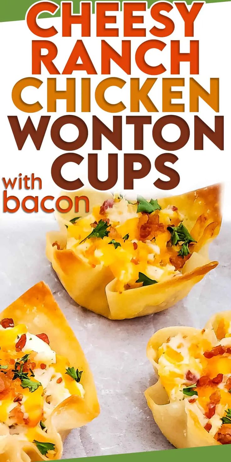 cheesy ranch chicken wonton cups with bacon on the side and text overlay