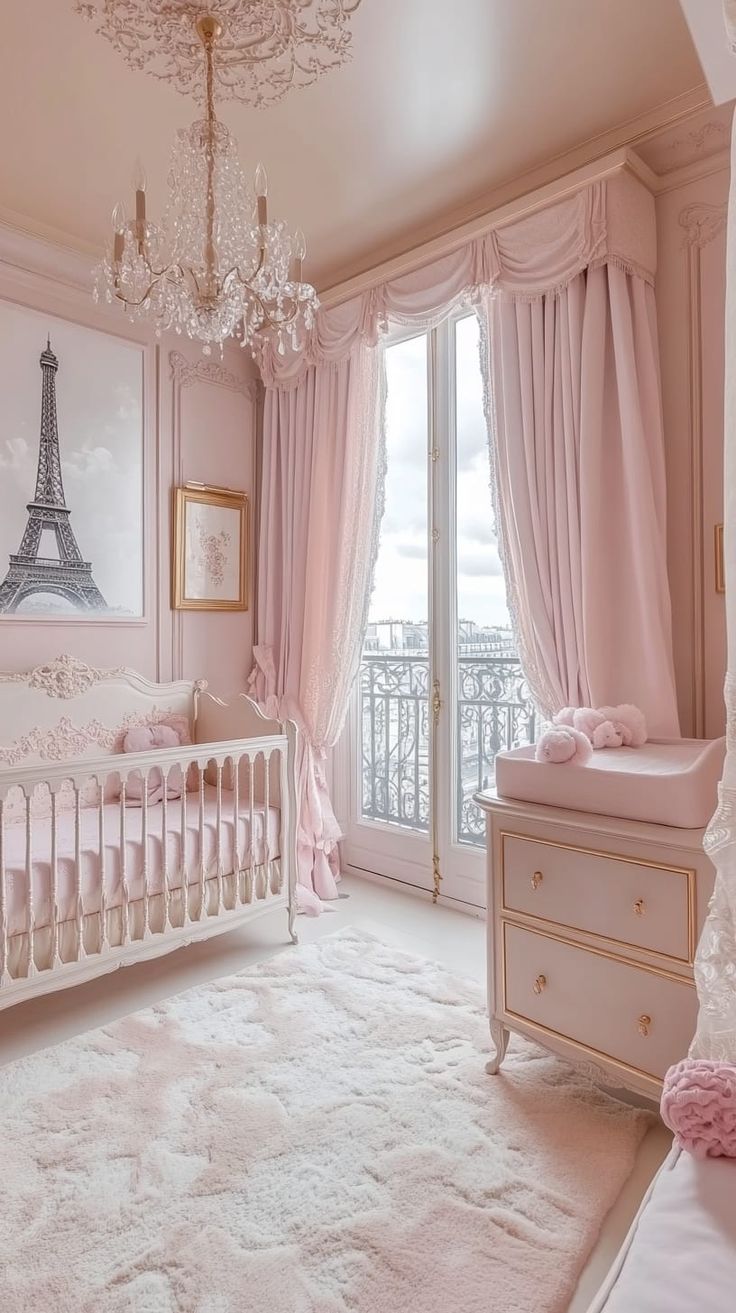 Luxurious Parisian nursery with pastel pink walls, vintage furniture, Eiffel Tower art, and golden light creating a dreamy Luxury Nursery Girl, Elegant Baby Girl Nursery, Love Shack Fancy Nursery, Paris Themed Nursery, Parisian Nursery, Luxury Baby Nursery, Pink Baby Nursery, Nautical Theme Nursery, Gender Neutral Nursery Design