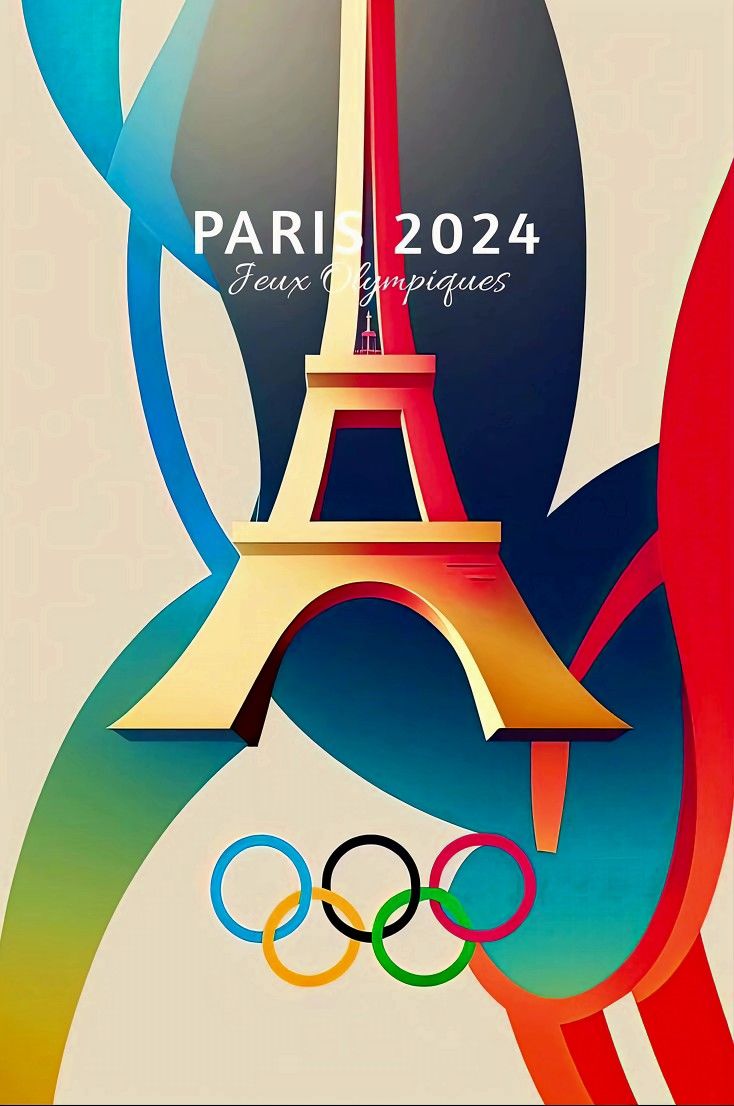 an olympic poster with the eiffel tower in the background