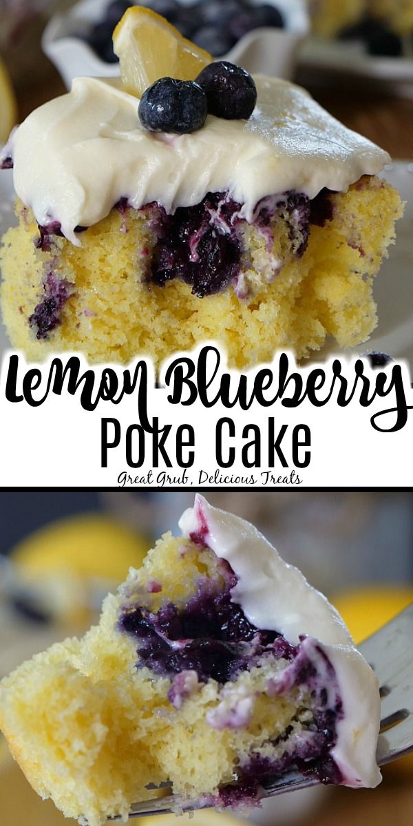 lemon blueberry poke cake with white frosting