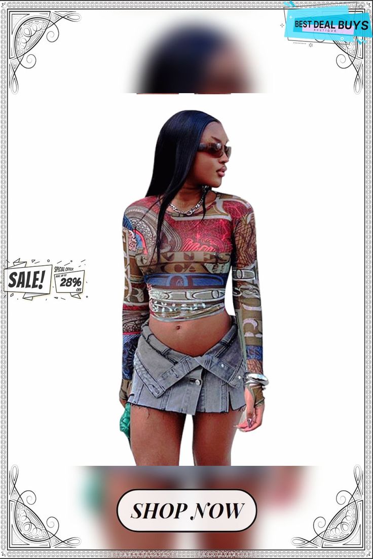 Women's Summer Sexy Mesh Digital Printing Round Neck Long Sleeve Crop Top Multicolor Sheer Tops For Party, Multicolor Sheer Top For Party, Multicolor Sheer Party Tops, Trendy Multicolor Sheer Tops, Y2k Long Sleeve Crop Top For Party, Long Sleeve Crop Top For Club In Summer, Long Sleeve Crop Top For Summer Clubbing, Summer Club Long Sleeve Crop Top, Multicolor Crop Top For Spring Clubbing