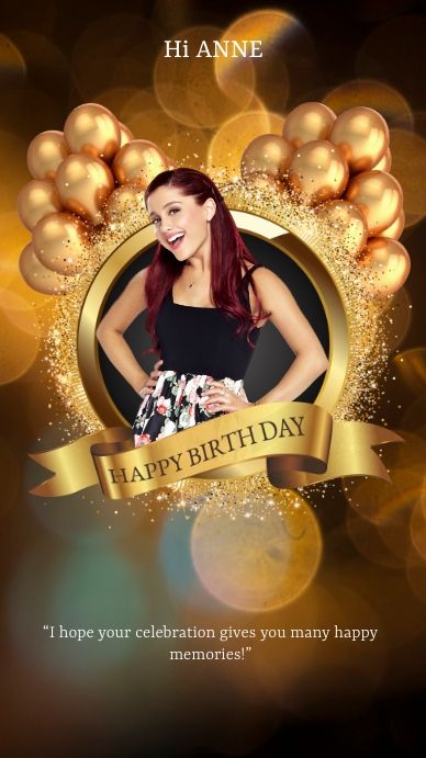 a woman with red hair and gold balloons in the background is an advertisement for her birthday