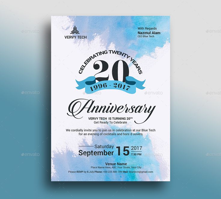 an anniversary party flyer with watercolor paint and ribbon on the front, in blue tones