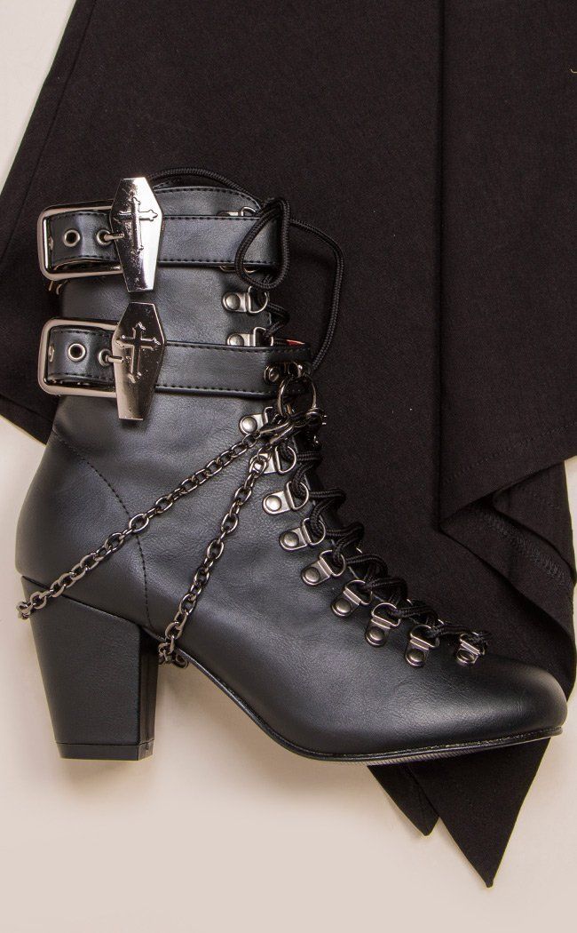 VIVIKA-128 Black Vegan Ankle Boots-Demonia-Tragic Beautiful Victorian Industrial, Edgy Heels, Black Lace Boots, Demonia Boots, Victorian Shoes, Victorian Boots, Boot Chains, Goth Boots, Demonia Shoes