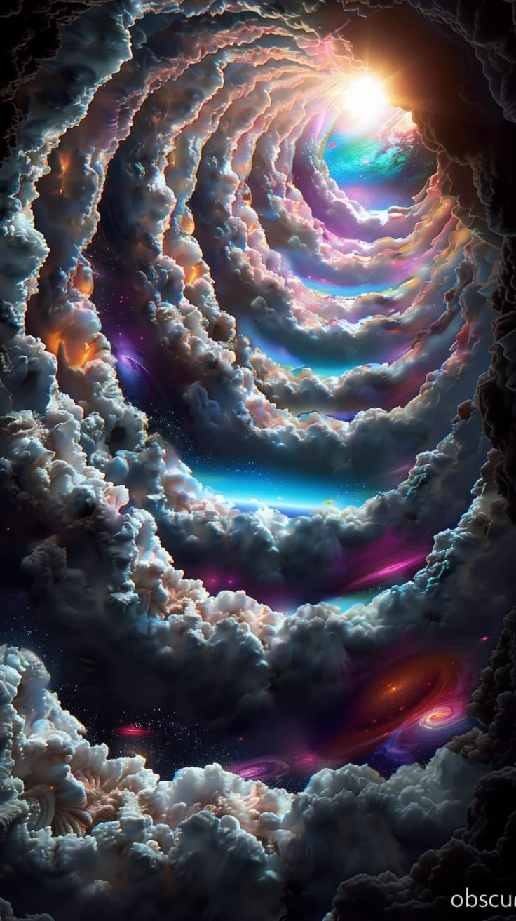 an image of clouds in the shape of a spiral with light coming from it's center