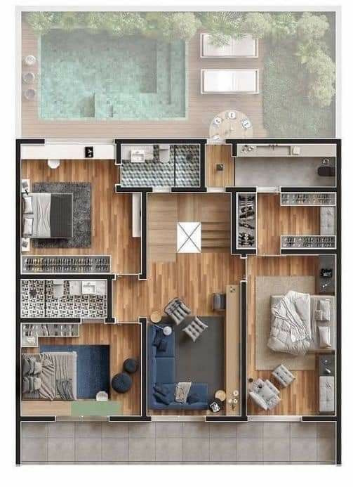 an overhead view of a floor plan with furniture