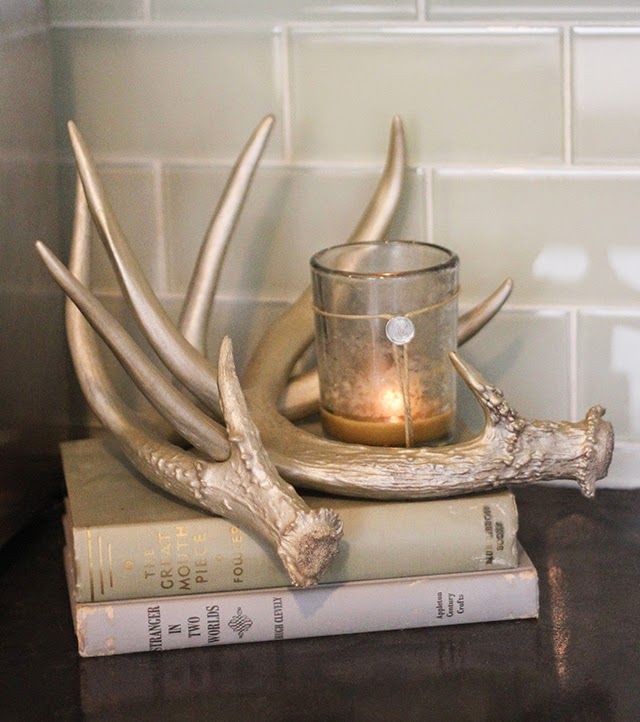 a candle is sitting on top of two books and some antlers are next to it