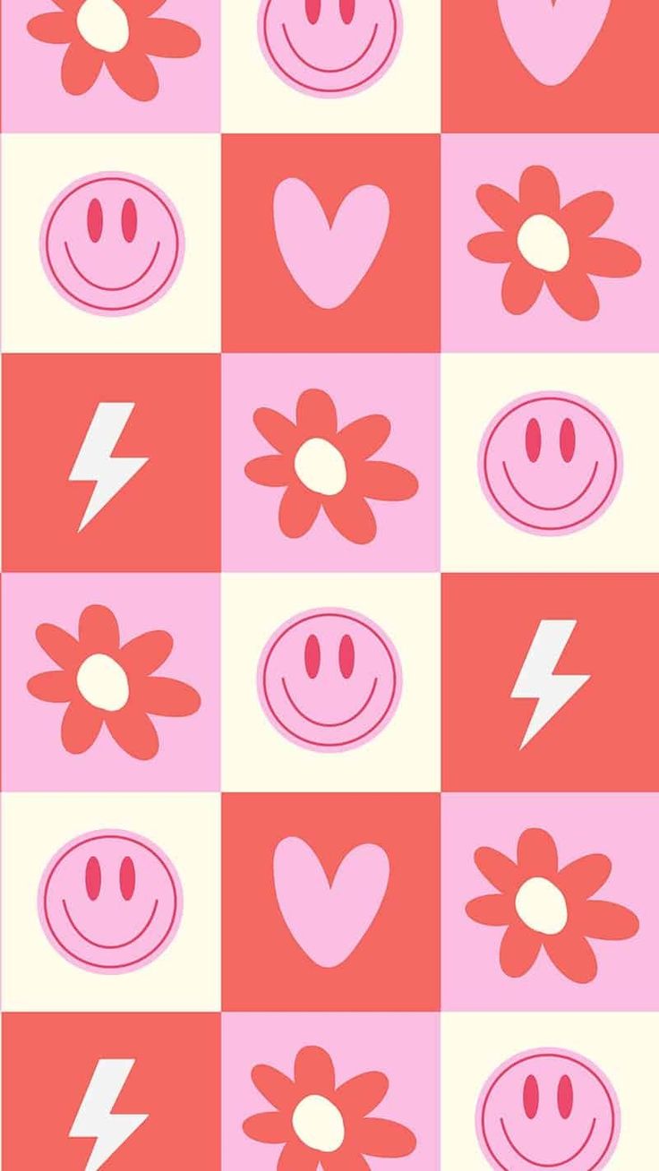 a pink and white checkered pattern with hearts, flowers, and lightning bolt on it